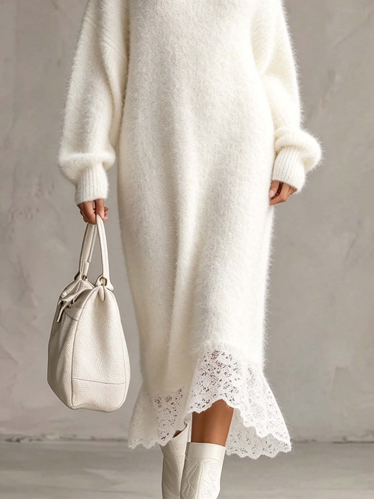 Robe longue blanche en peluche à fermeture éclair