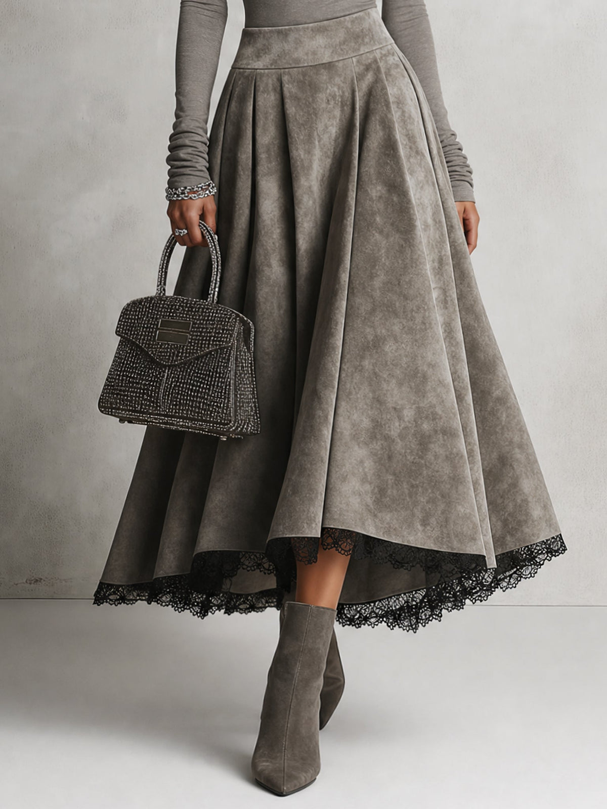 Ensemble gris jupe midi en suédine