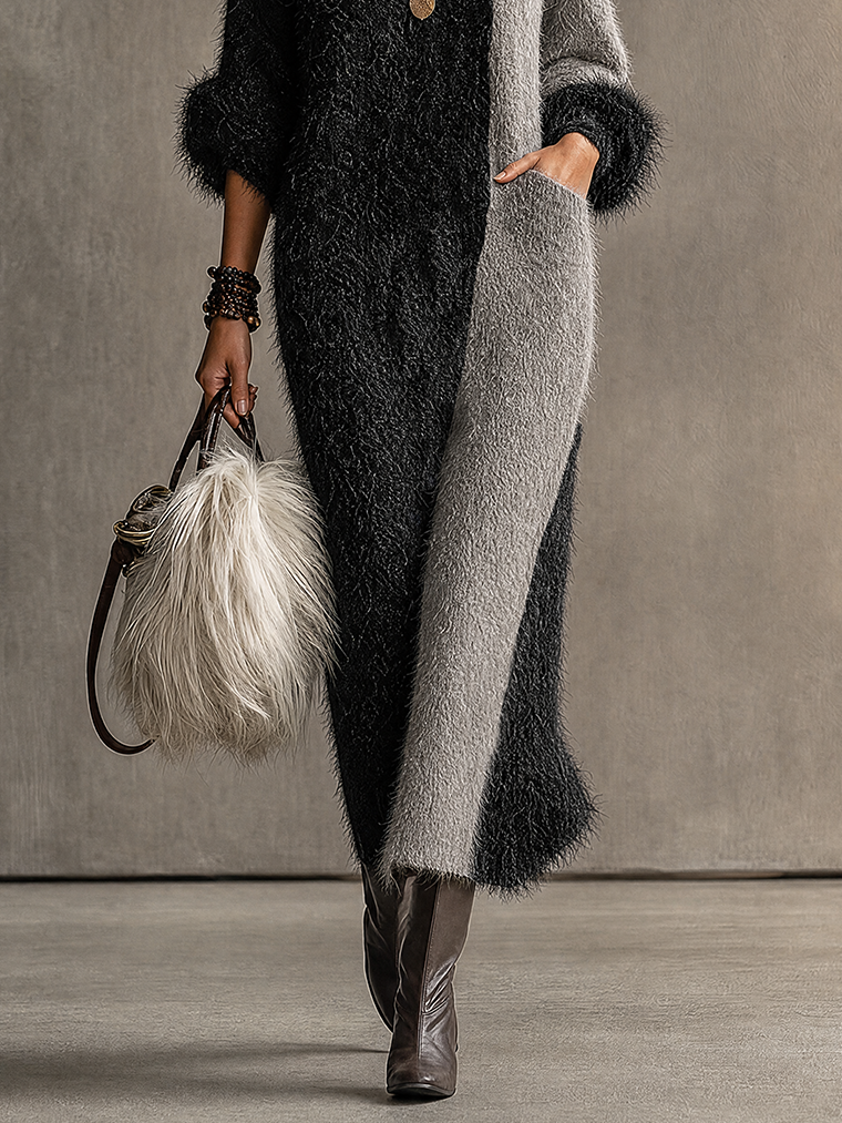 Robe longue molletonnée noire et grise