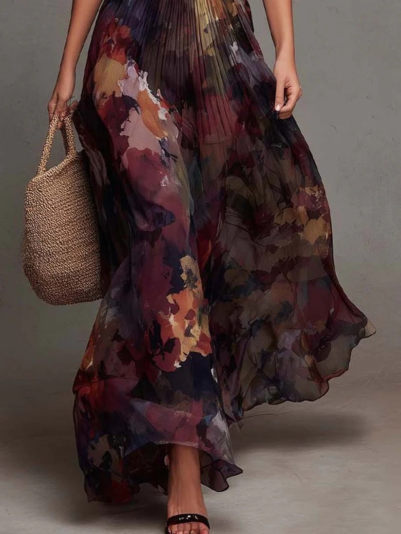 Vestido largo plisado de cuello en V con estampado floral en acuarela - detalle