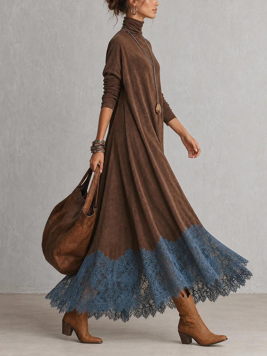 BRUNELLA | Robe Longue Effet Daim avec Bordure en Dentelle