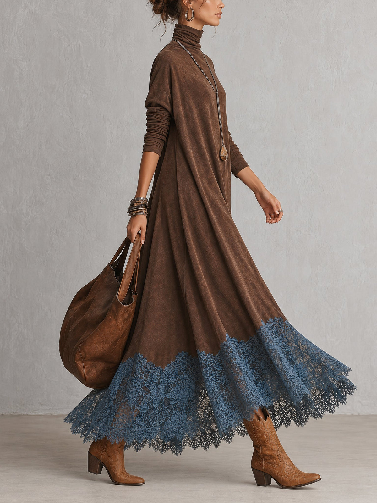 Vestido largo ante marrón con encaje