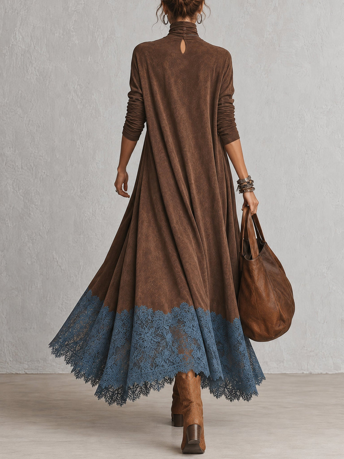 Vestido Maxi Vintage Efecto Ante Marrón con Manga Larga y Bajo de Encaje