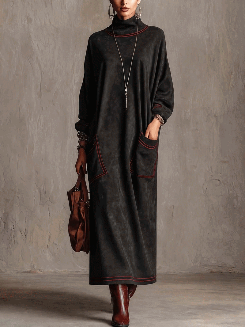 Robe longue en daim noir avec poches