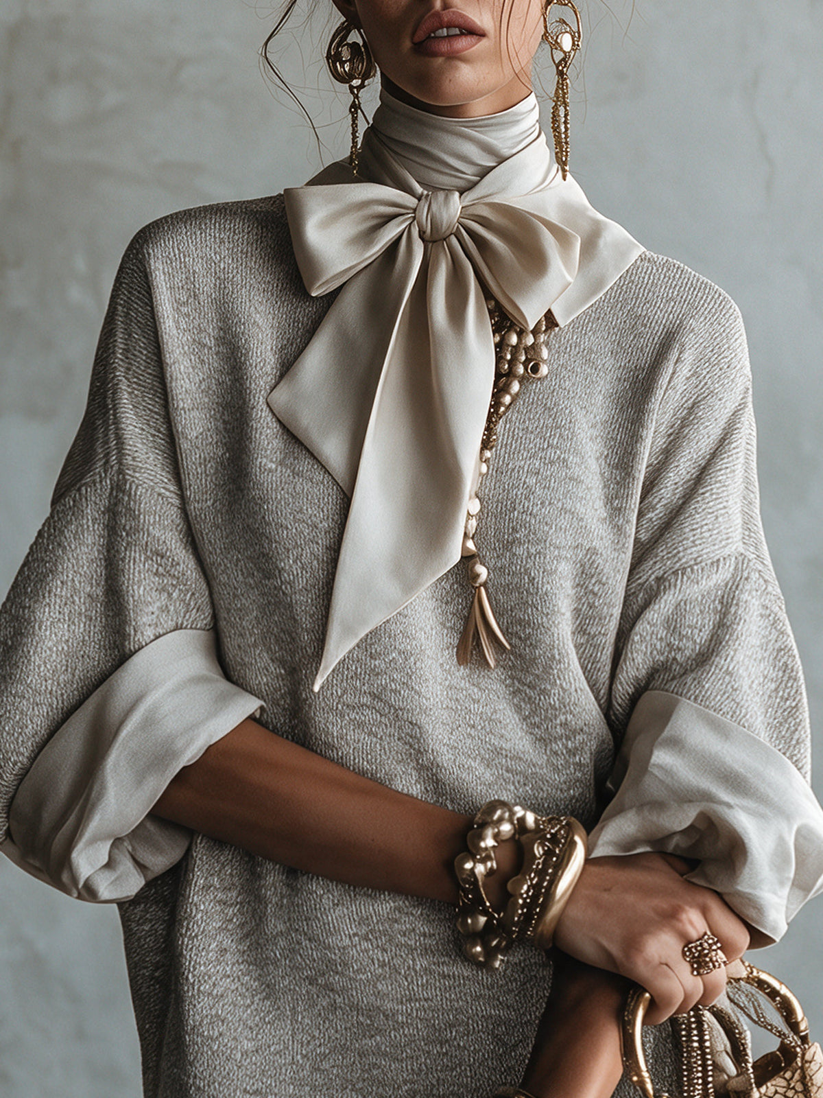 Robe courte grise à nœud en satin
