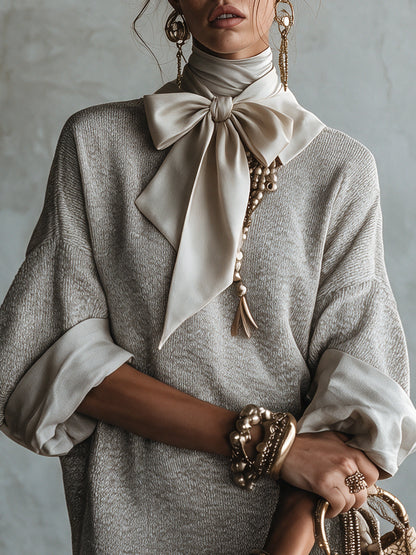 Robe courte grise à nœud en satin