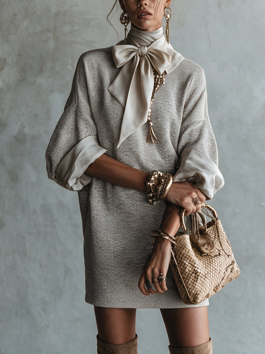 Robe courte grise à nœud en satin