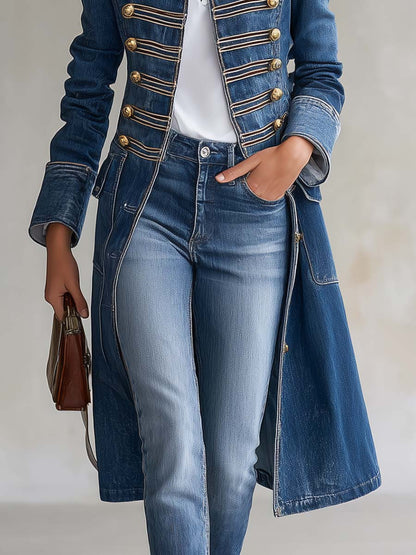 Joséphine | Manteau officier en denim délavé, boutons dorés.