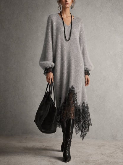 Vestido Midi de Punto Brillante Gris con Dobladillo de Encaje
