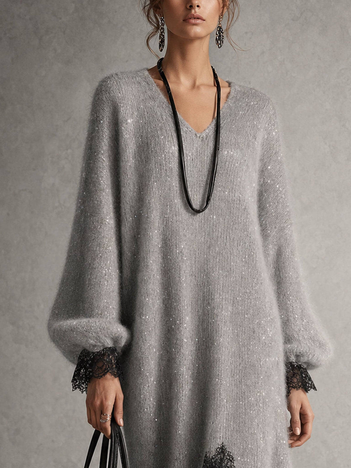 Vestido Midi de Punto Brillante Gris con Dobladillo de Encaje