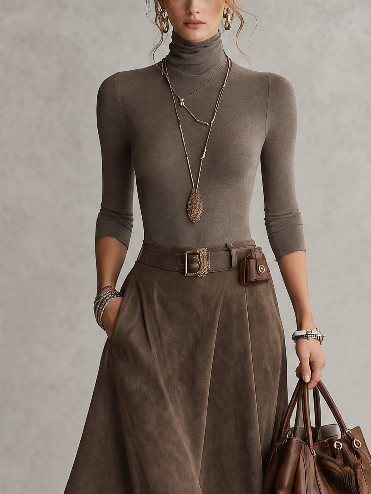 Conjunto de Top de Cuello Alto Elástico y Falda Asimétrica de Ante en Taupe