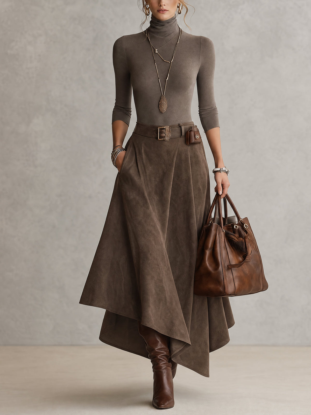 Conjunto de Top de Cuello Alto Elástico y Falda Asimétrica de Ante en Taupe