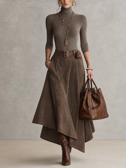Conjunto de Top de Cuello Alto Elástico y Falda Asimétrica de Ante en Taupe