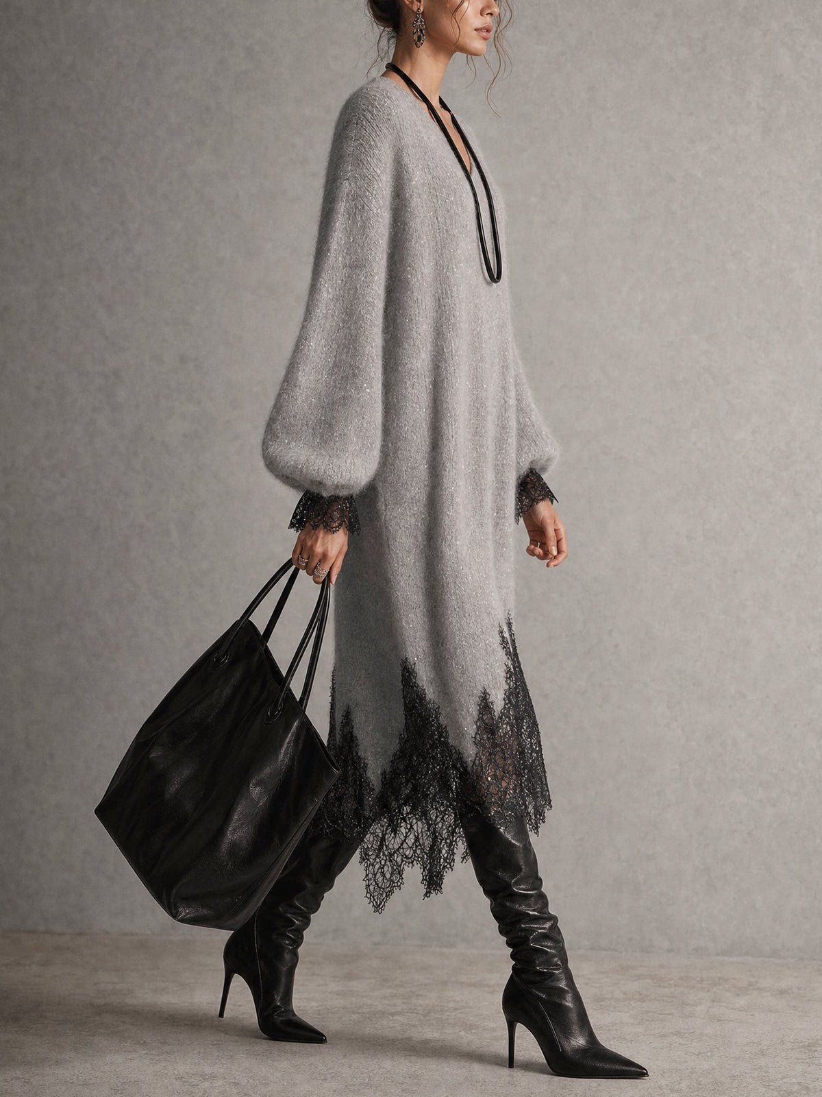Vestido Midi de Punto Brillante Gris con Dobladillo de Encaje