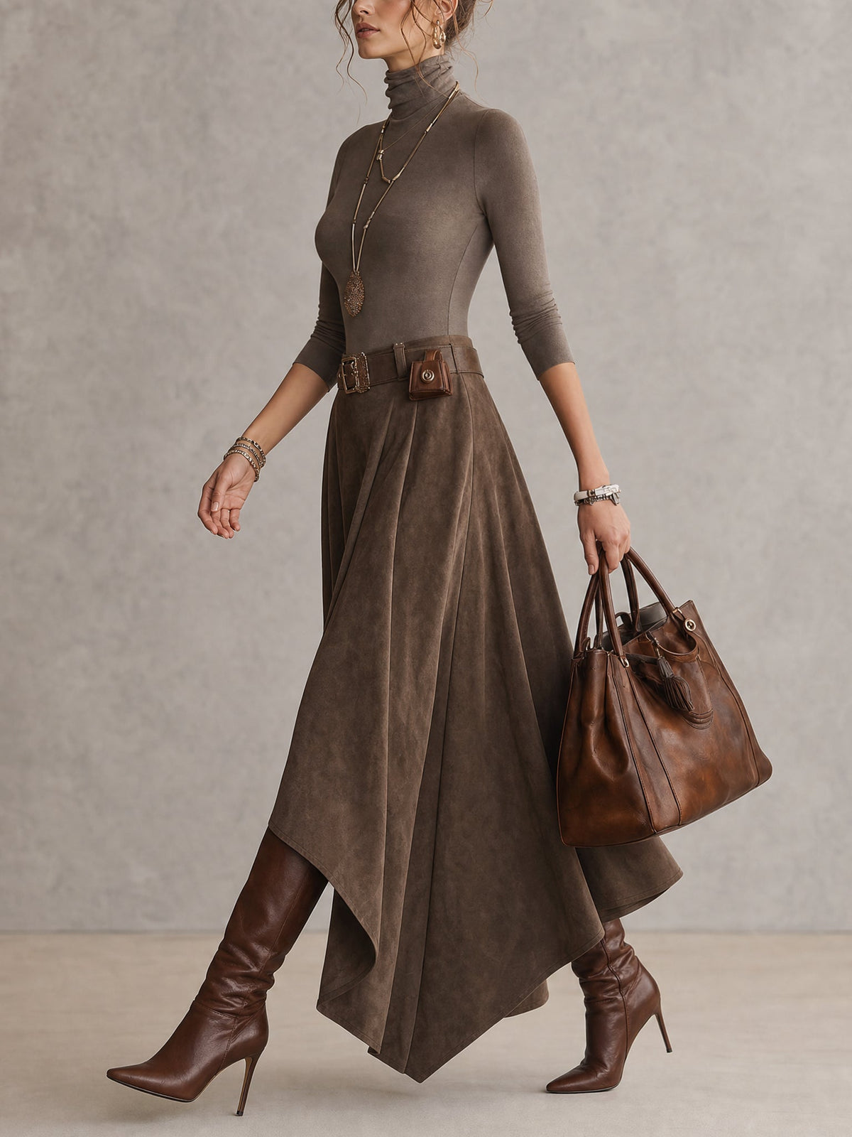 Conjunto de Top de Cuello Alto Elástico y Falda Asimétrica de Ante en Taupe