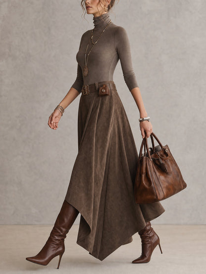 Conjunto de Top de Cuello Alto Elástico y Falda Asimétrica de Ante en Taupe