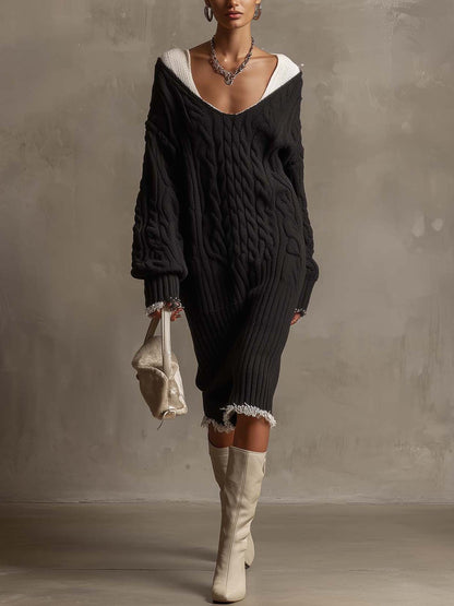 Robe midi noire en maille torsadée