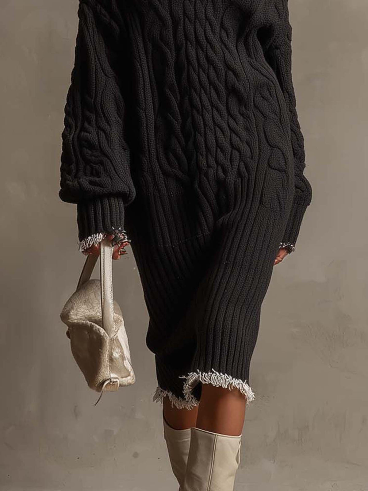 Robe midi noire en maille torsadée