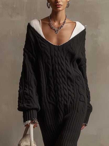 Robe midi noire en maille torsadée