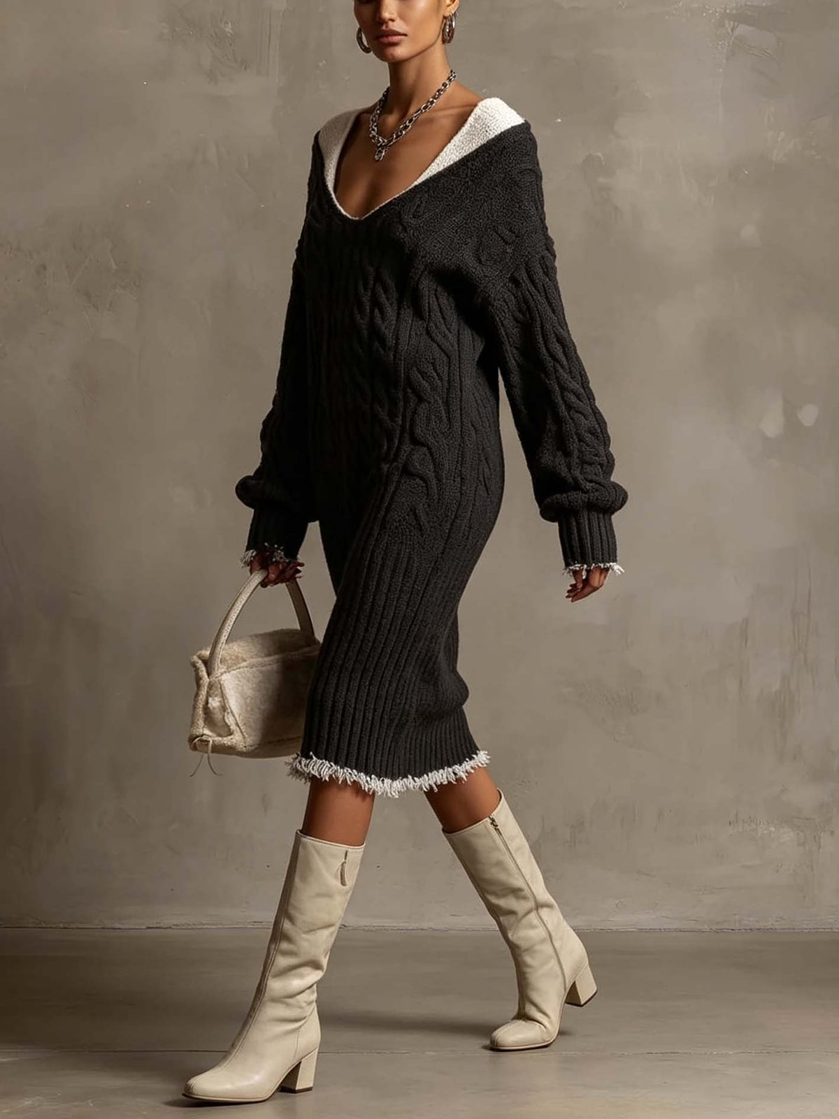 Robe midi noire en maille torsadée