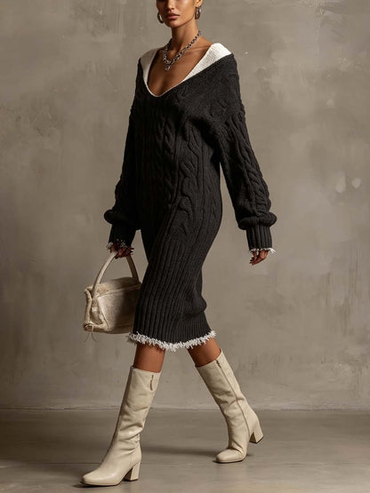 Robe midi noire en maille torsadée