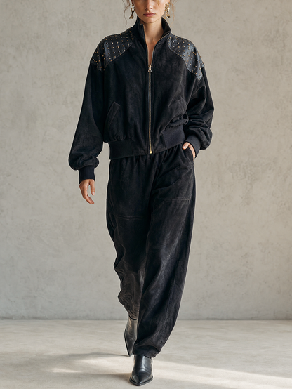 Ensemble veste bomber en daim noir