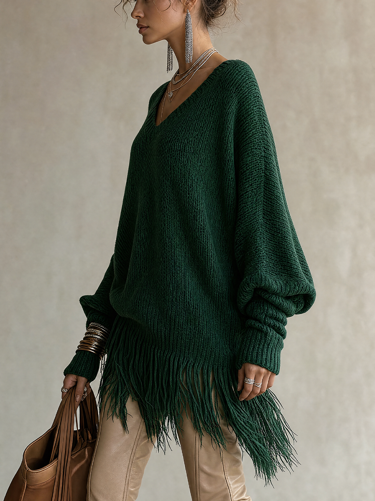 Top verde oscuro oversize flecos