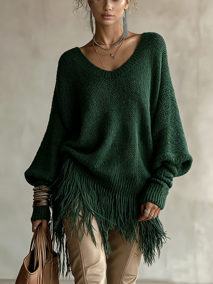 Top verde oscuro oversize flecos