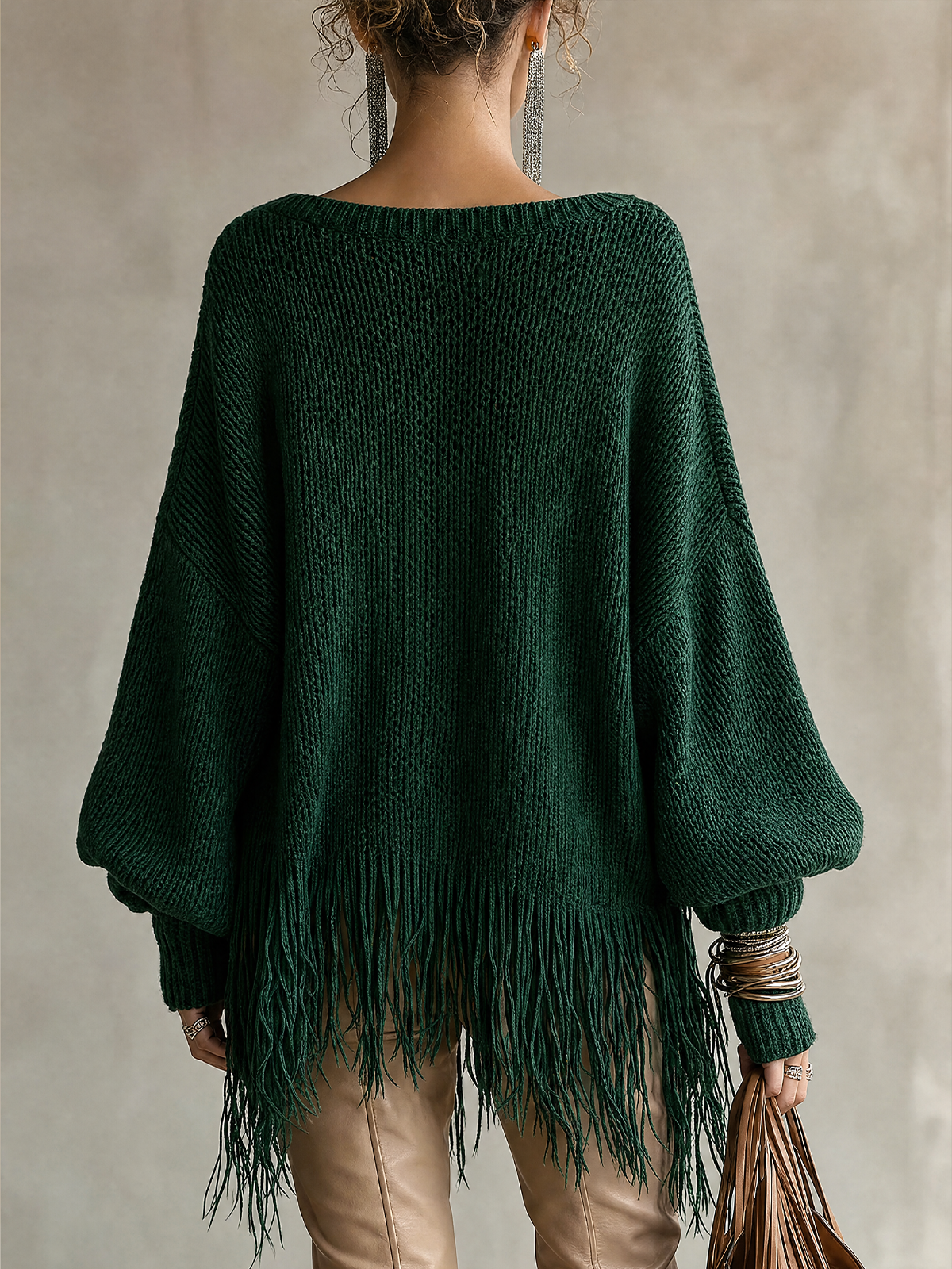 Top verde oscuro oversize flecos