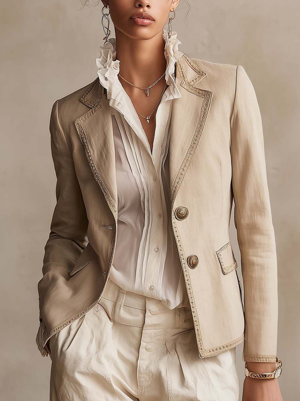 Blazer tailleur beige avec bordure vintage