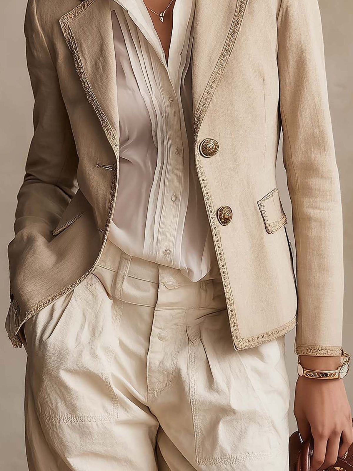 Blazer tailleur beige avec bordure vintage