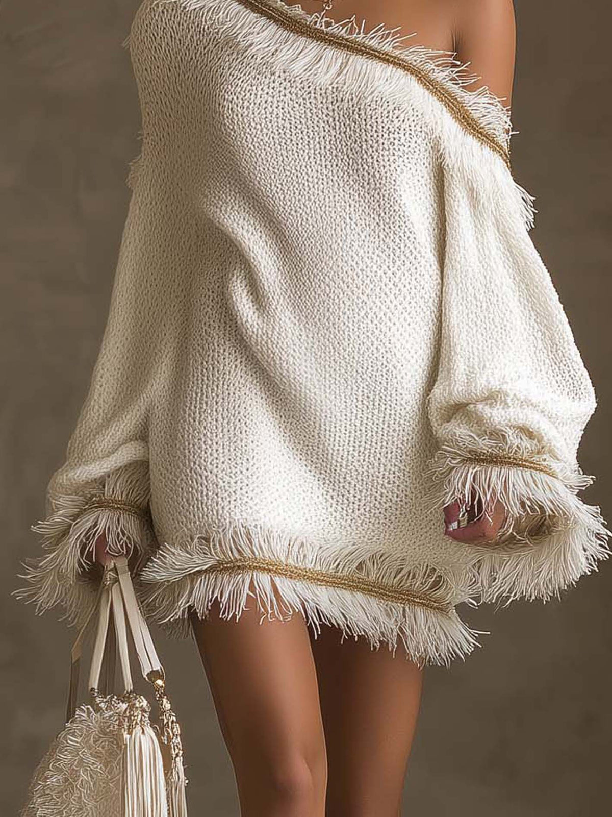 Vestido mini blanco un hombro flecos