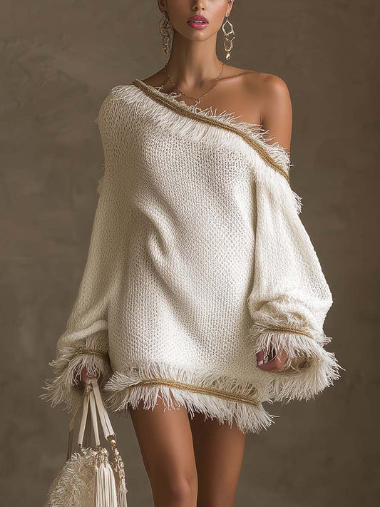 Robe courte blanche asymétrique à franges