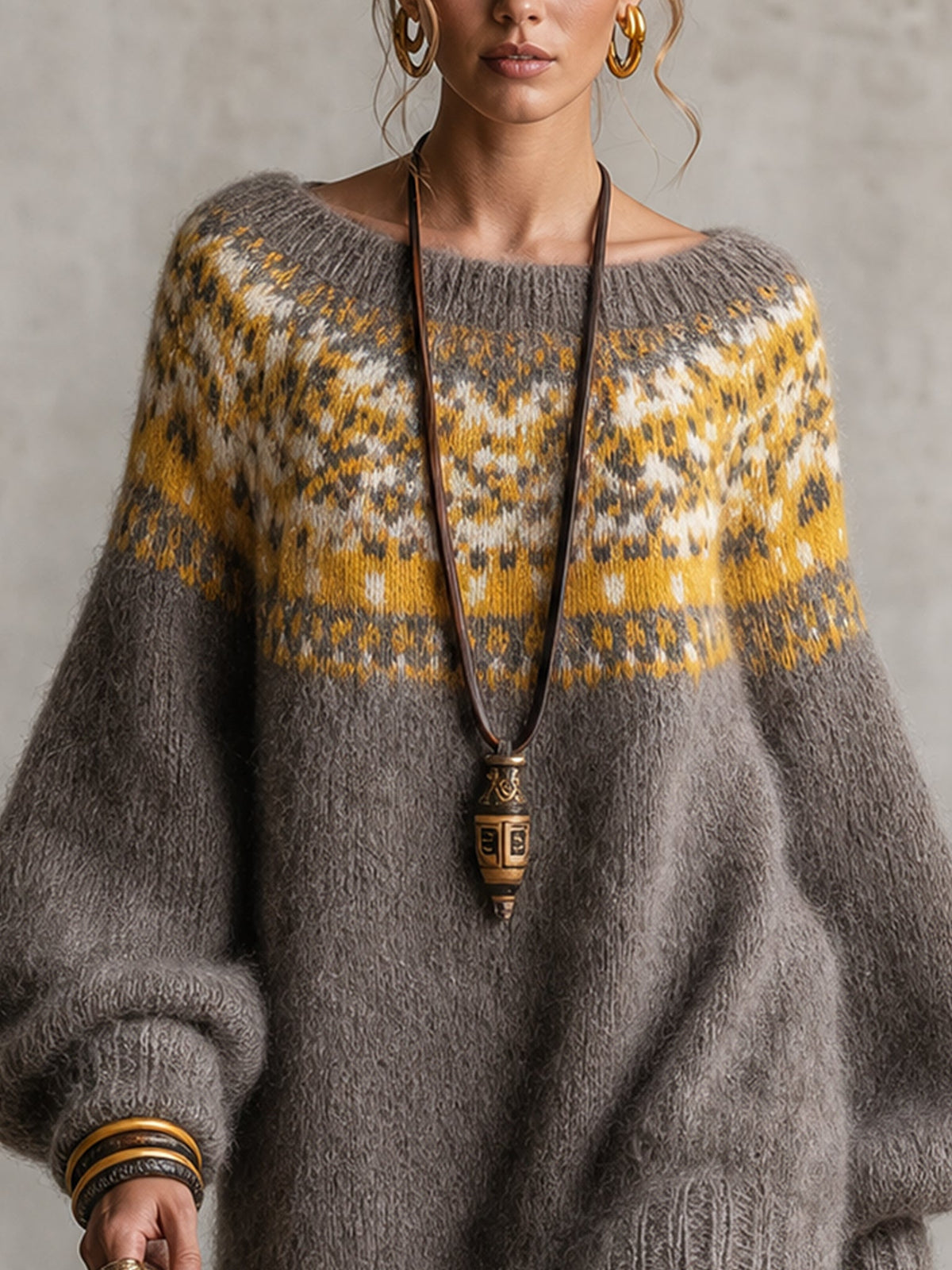 Vestido mini Fair Isle gris amarillo