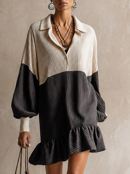 Minivestido plisado marfil y negro