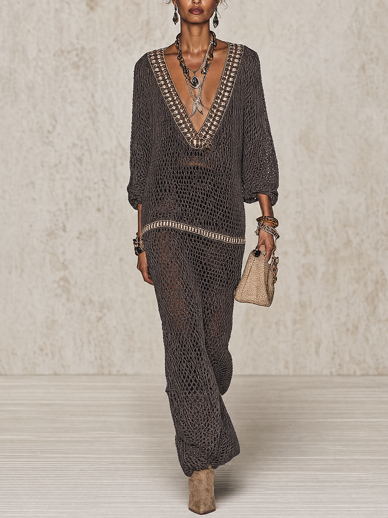 Robe longue chocolat en maille ajourée