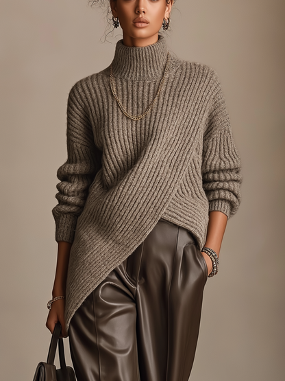 Pull col roulé côtelé taupe