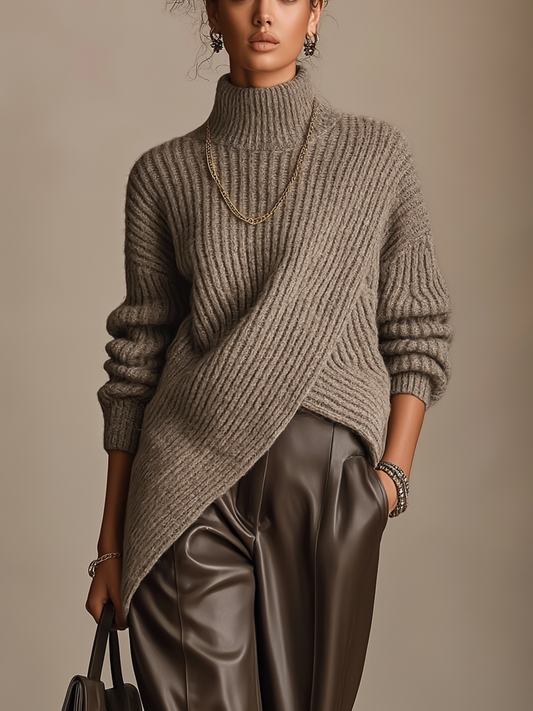 Pull col roulé côtelé taupe