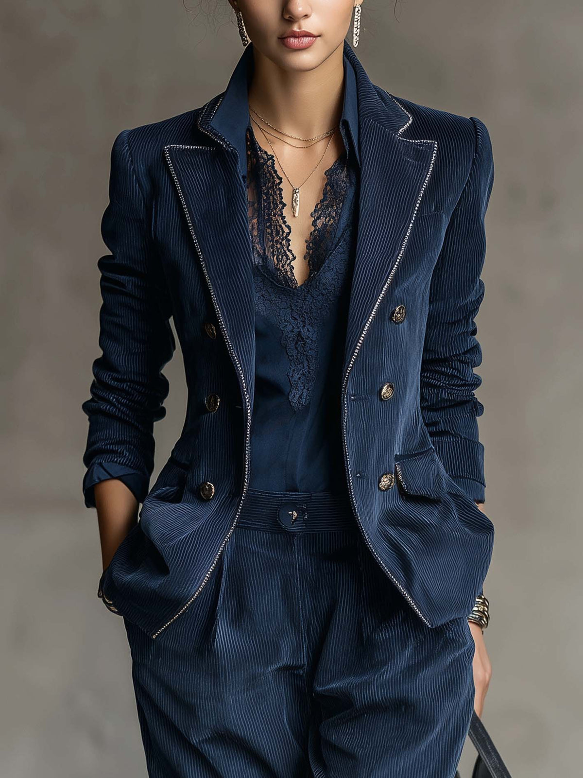 Blazer azul marino cruzado con pedrería