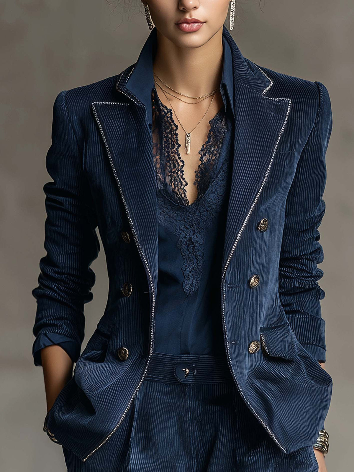 Blazer azul marino cruzado con pedrería