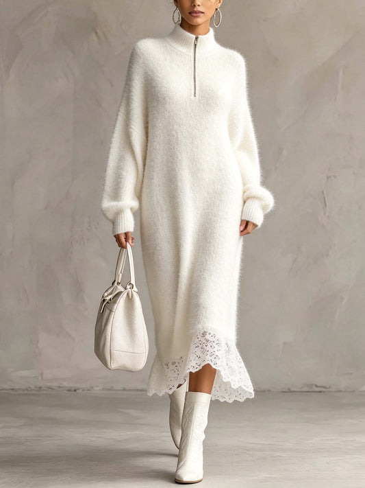 Robe longue blanche en peluche à fermeture éclair
