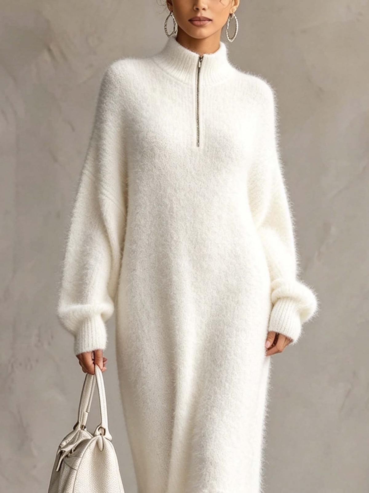 Robe longue blanche en peluche à fermeture éclair