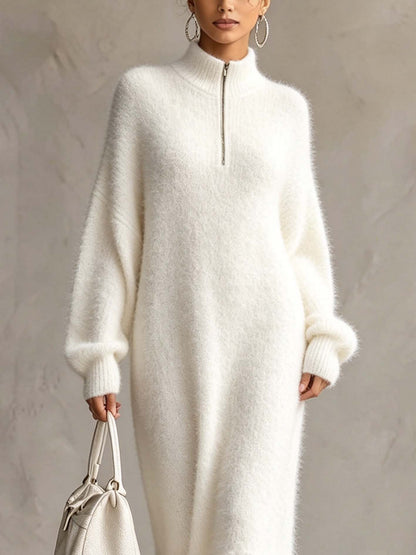 Robe longue blanche en peluche à fermeture éclair