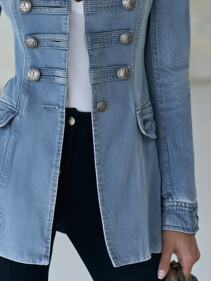 Émilie | Veste militaire en jean bleu à col montant