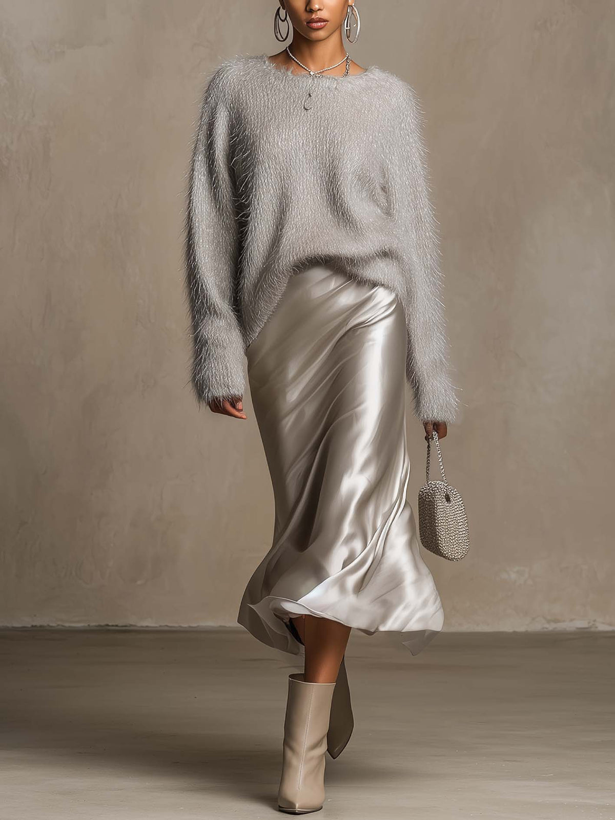 Ensemble pull gris et jupe en satin