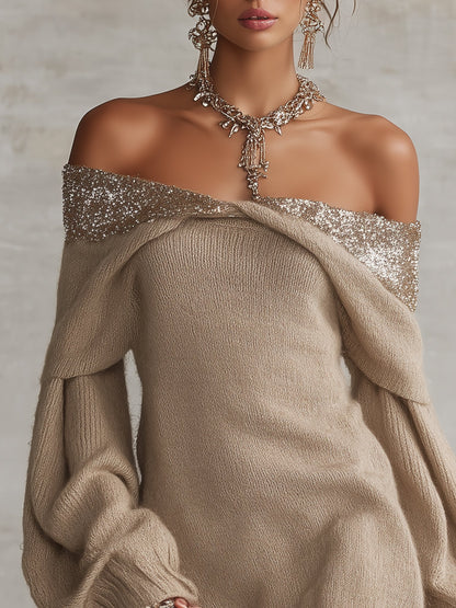 Robe courte avoine à sequins et épaulettes