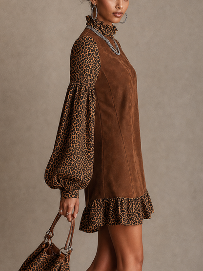 Robe mini marron léopard en daim