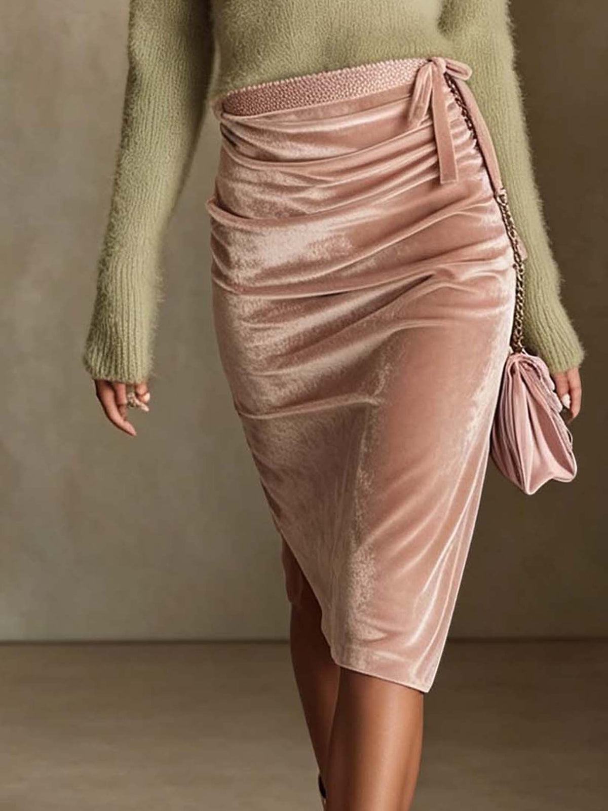 Conjunto suéter verde y falda rosa