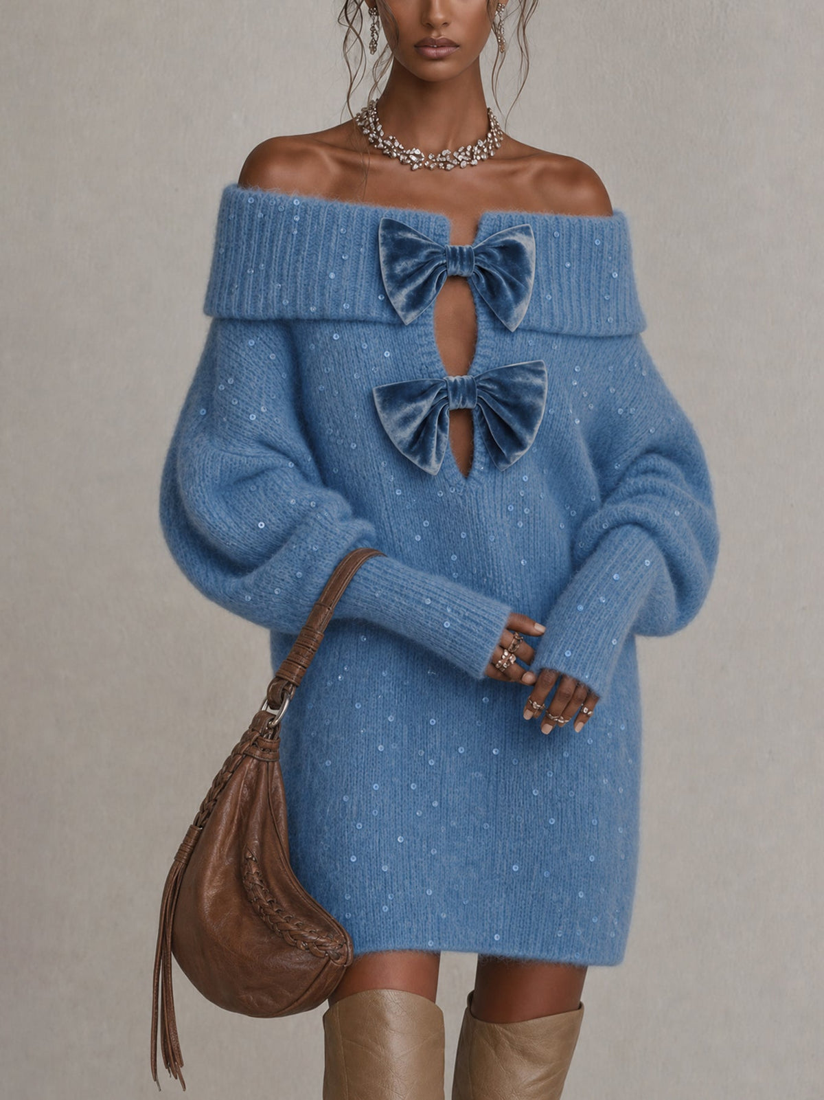 Robe courte bleue à sequins et épaulettes