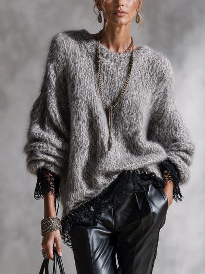 Pull gris en mohair avec dentelle